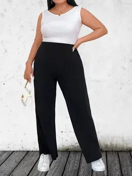 Women's Plus Size 1XL-5XL High Waist Solid Wide Leg Casual Pants Ladies Fashion Pants Women's Plus Size Pants 1