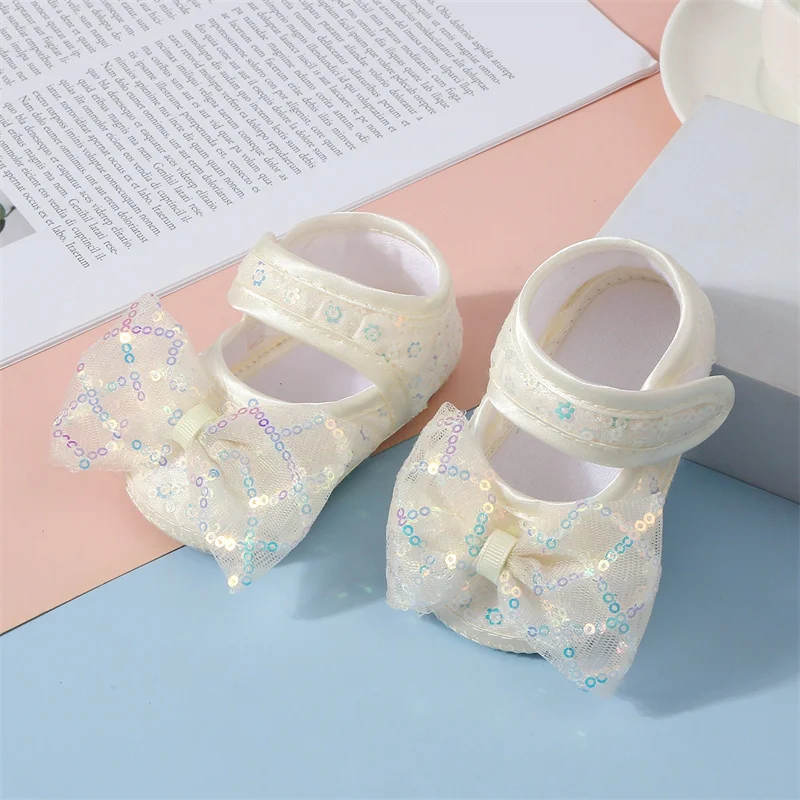 Girls Baby Spring Summer New Walking Shoes Soft Soles Thin Princess Infant Cotton Floor Shoes Sequins Bow Newborn First Walkers 3