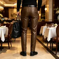 Pantalon droit en simili cuir pour hommes, coupe slim, décontracté, streetwear, pour le bureau, les voyages quotidiens 4