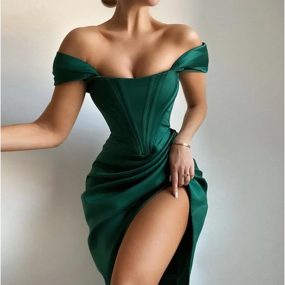 

Simple mermaid sexy tight short strapless ball dress lower shoulder pleats side split formal evening dress custom new 2024