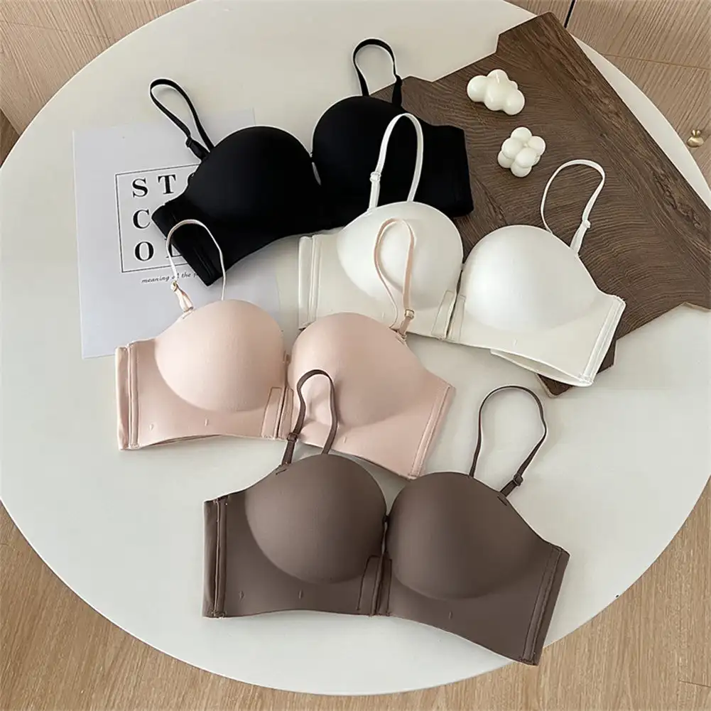 A Cup Small Breast Special Thickening Show Large Front Buckle Type Gathered Bra Bra Strapless Non-slip Back Underwear Female 4