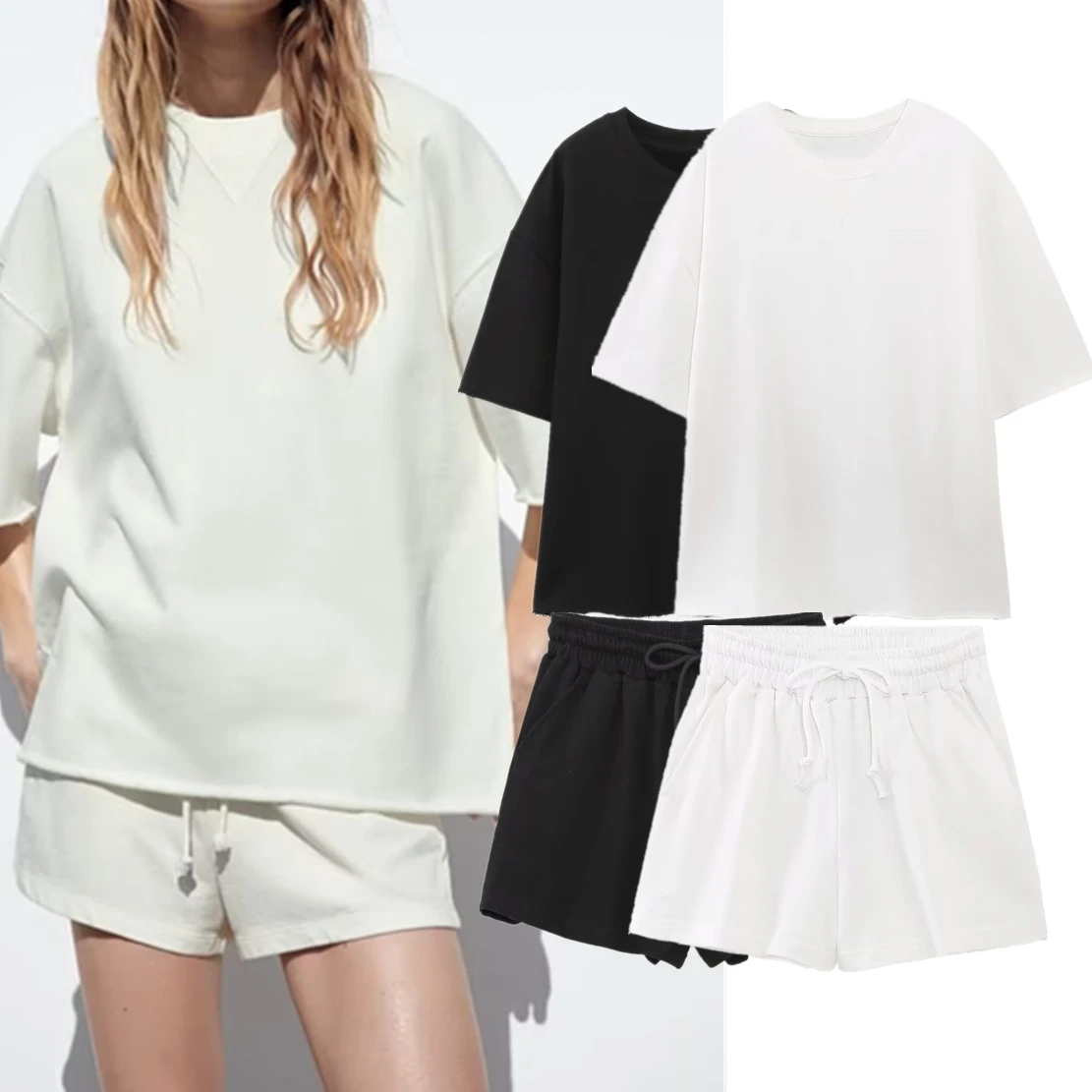 

Elmsk Ins Fashion Blogger hIgh Street Terry Suits Fashion Solid Loose Round Neck Tops Harem Shorts Two Pieces Sets Women