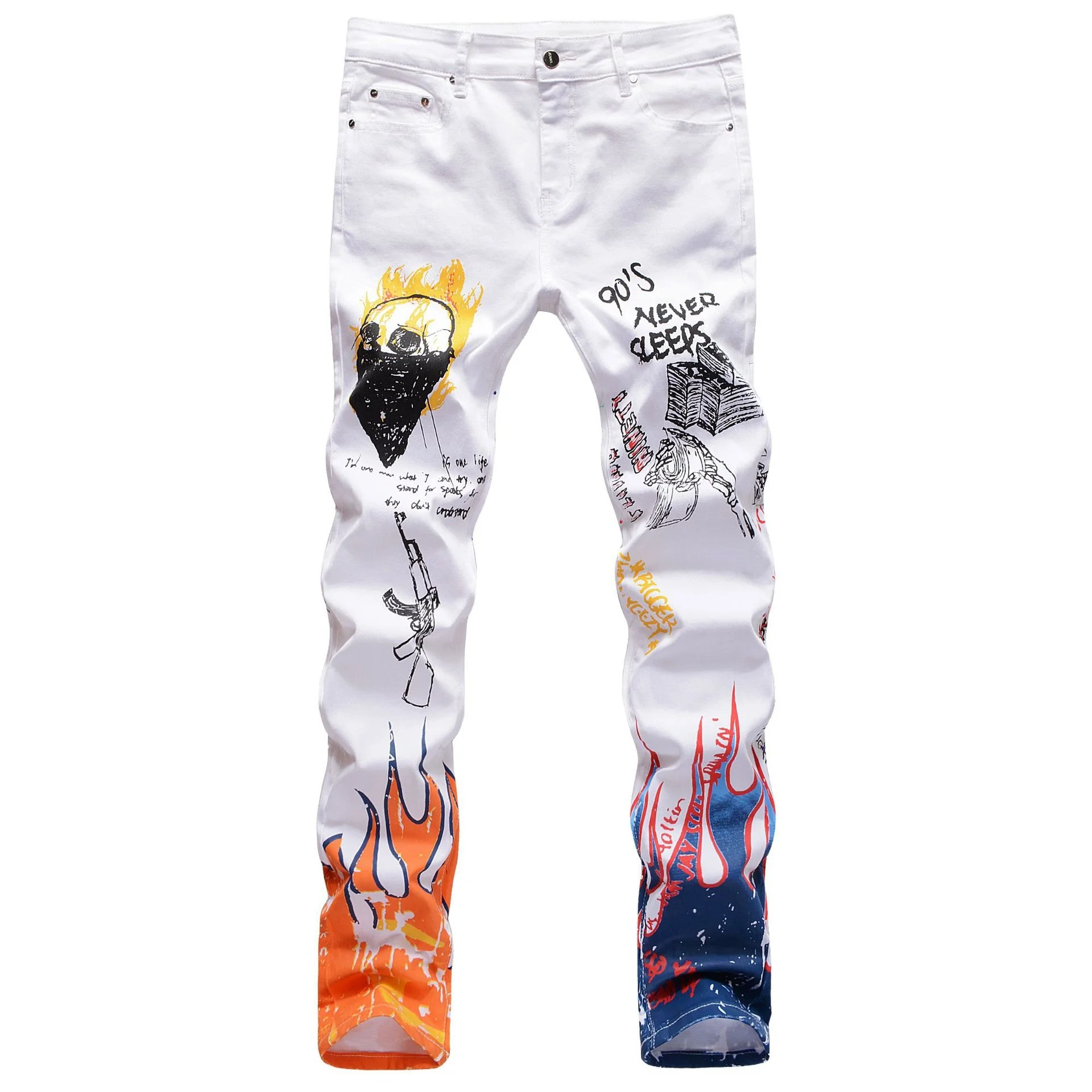 High Elastic Slim Fit 3D Color Printing Black White Pants Skeleton Graffiti Street Chaopai Men's Jeans 4