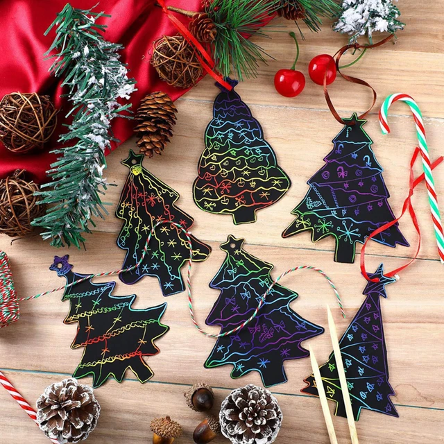 48Pcs Christmas Rainbow Scratch Paper Xmas Tree Snowman DIY Hanging Ornaments for Kids Gifts 2024 Navidad Party Decor Supplies 5