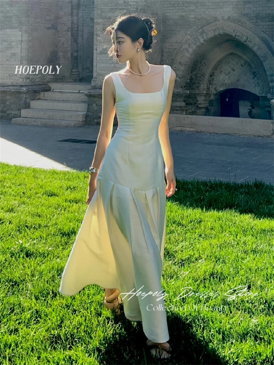 

Hoepoly Regular Straps Satin Ankle Length Bride Wedding Party Dress Korea 드레스 Photography Sleeveless Wedding Dresses for Women