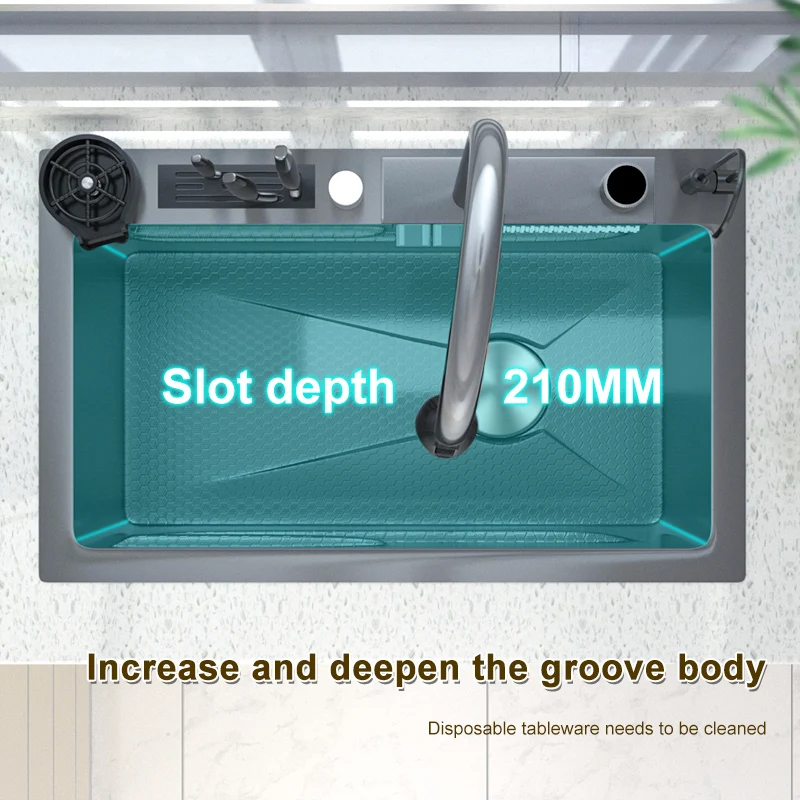Stainless Steel Kitchen Sink Embossed Digital Display Waterfall Sink  Large Single Slot Household Dishwashing Basin