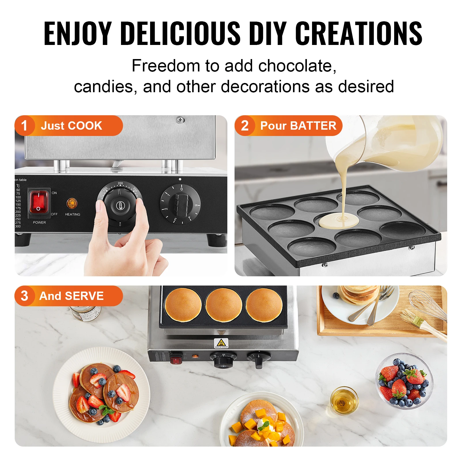 SucceBuy Dutch Pancake Maker 9PCS Diameter Dorayaki Baker Machine Commercial Electric Poffertjes Grill Non-stick Stainless Steel 6