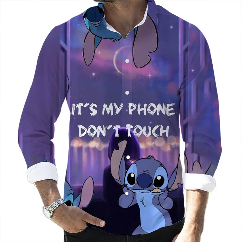 Mickey Minnie Donald Duck Cartoon 2024 Spring Harajuku New Fashion Casual 3D Printed Long Sleeve Lapel Shirt Slim Men's Top