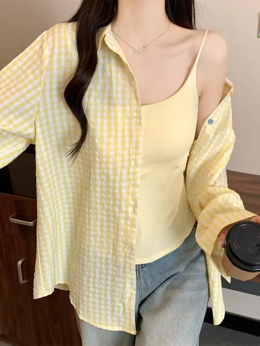 Koreanische Plaid Sonnenschutz Shirt für Frauen Frühling Sommer POLO Kragen Strickjacke Lange ärmeln Hemd Dünne Top – Detail 10