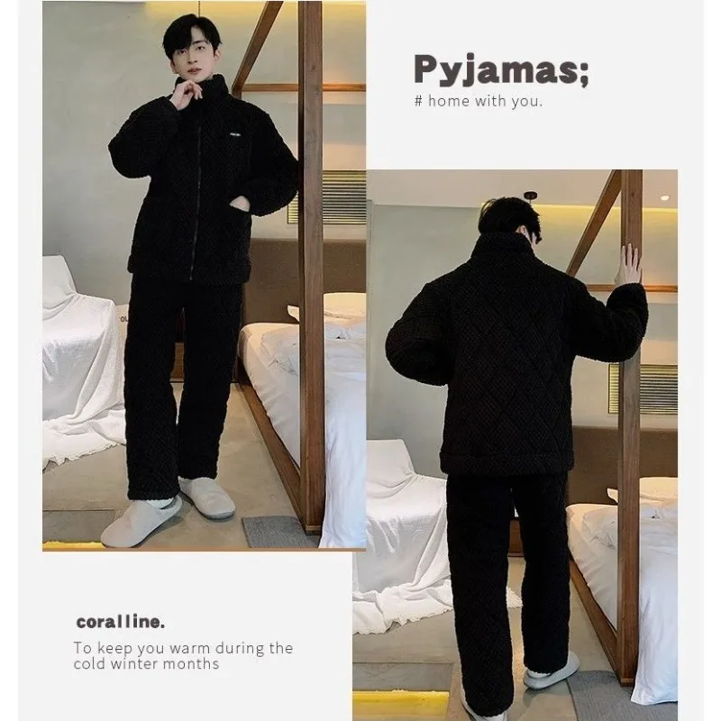 Men's Three-layer Padded Pajamas Winter Super Warm Thickened Sleepwear Outfit Youth Coral Velvet Premium Zipper Loungewear Set