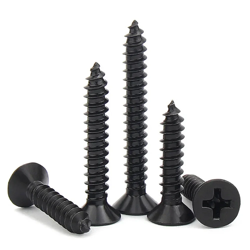 100Pcs/lot M1 M1.2 M1.4 M1.5 M2 M2.6 M3 M3.5 M4 M5 Cross Countersunk Flat Head Self-tapping Screw Black Phillips Carbon Steel