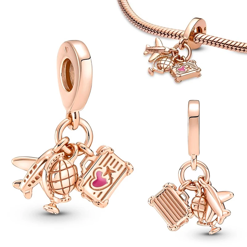 Fit 3mm Original Bracelet Women 925 Sterling Silver Airplane Luggage Passport Travel Three-Piece Charms DIY Fine Jewelry Gifts 3