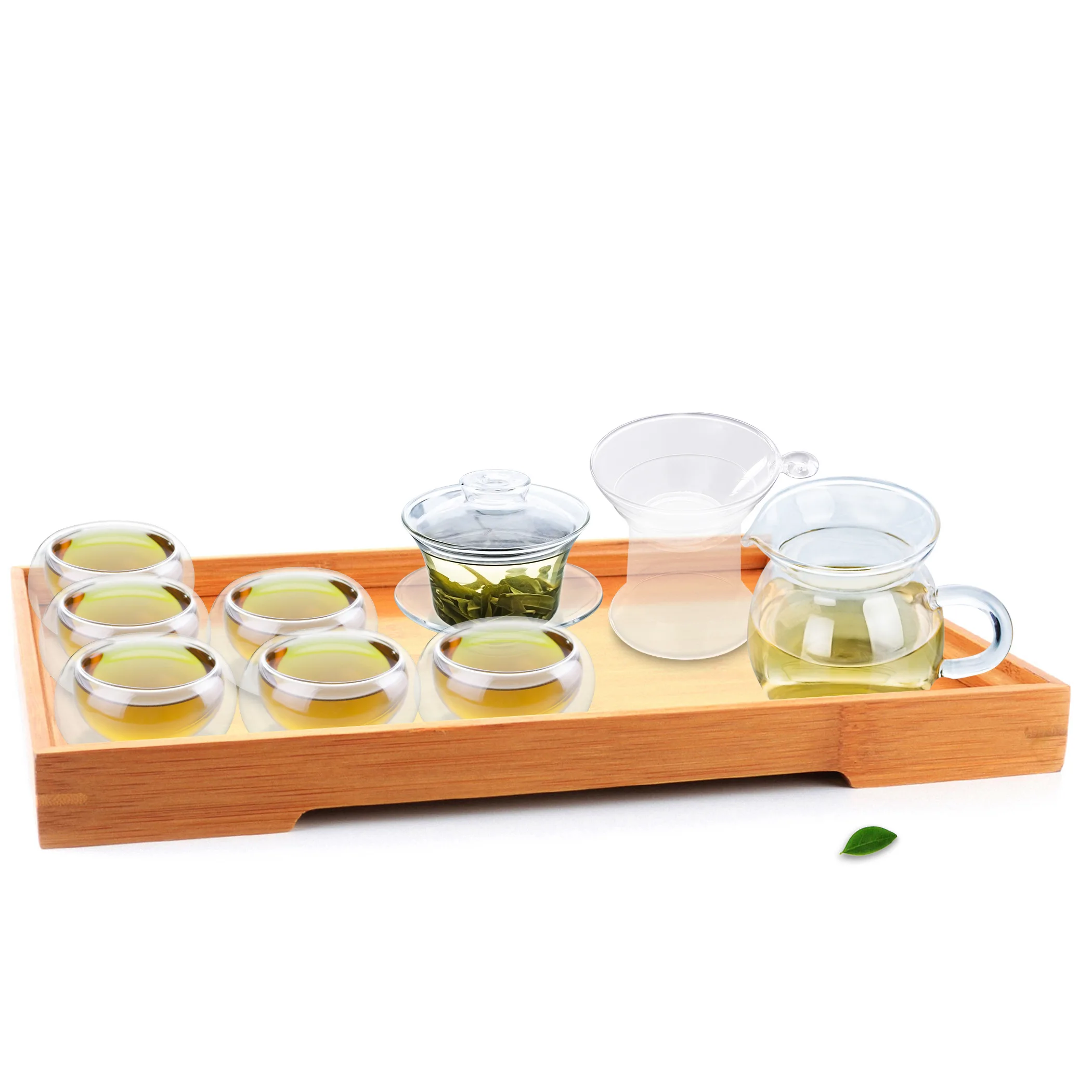 1x 10in1 Kung fu Glass Tea Set-Heat-Resisting Glass Gaiwan Tea Pot + Strainer + Pitcher Chahai +6 CoffeeTea Cups Bamboo Tray