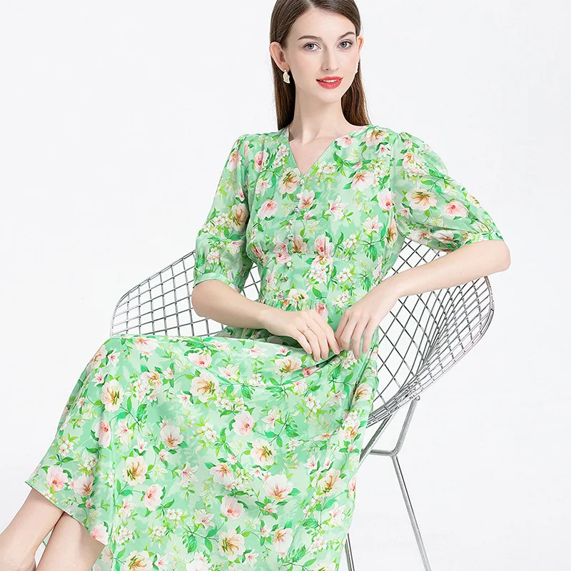 

Elegant Silk Bodycon Dress for Women, V-Neck, Front Button, Short Sleeve, Elastic Waist, Printing Mulberry Silk Dresses