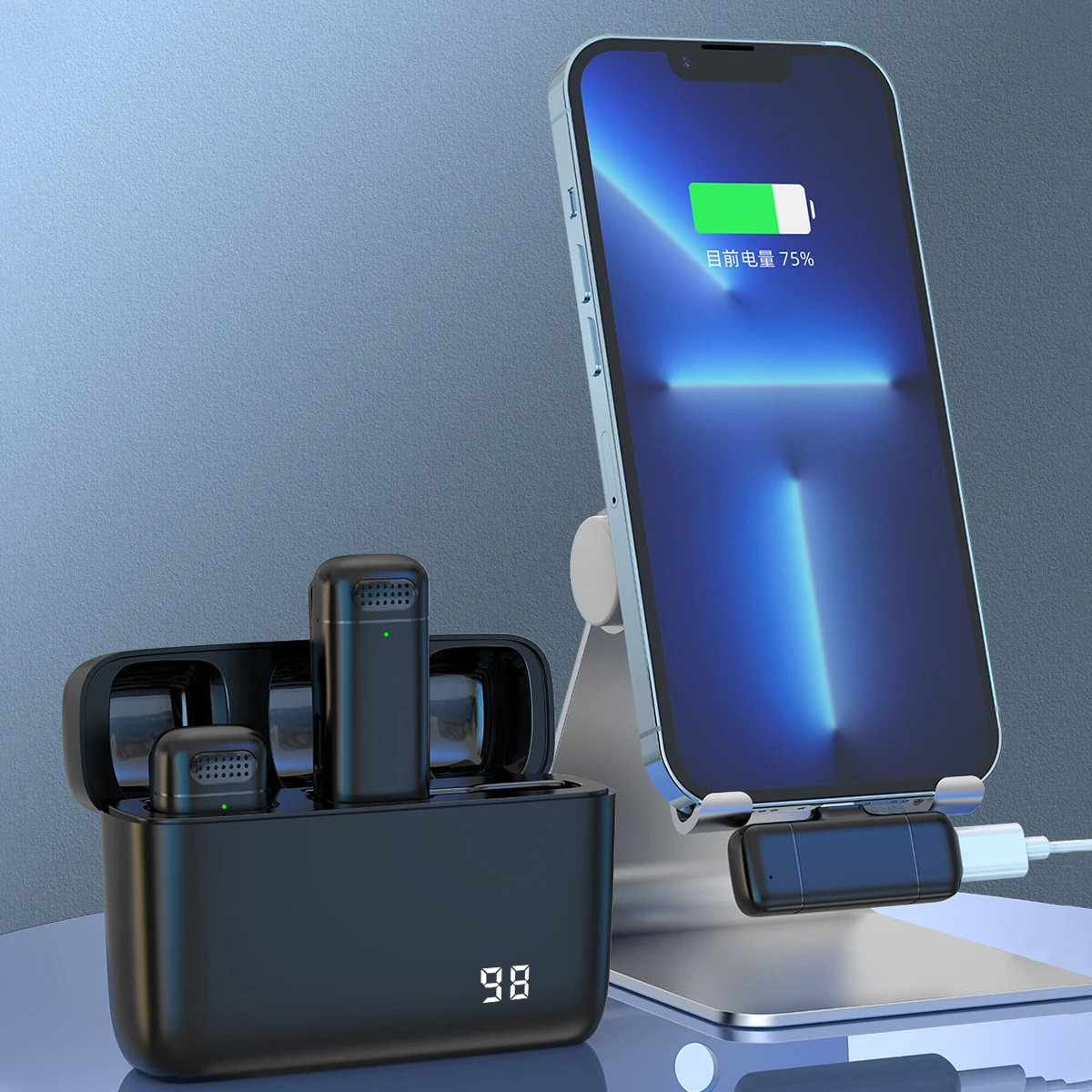 무선 2.4G 라발리에 마이크, 듀얼 노이즈 캔슬링, 사운드 리턴, 플러그 앤 플레이, 안드로이드 및 애플 iOS, 70 시간 내구성