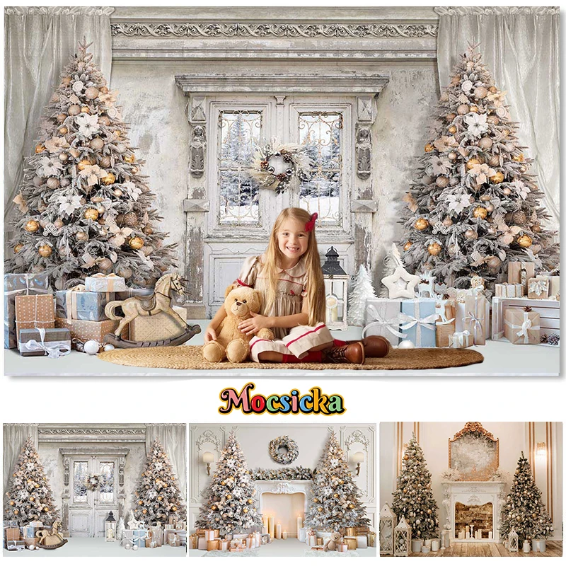 BELECO 8x6ft Fabric Christmas Holiday Photography Backdrop Indoor Fireplace Xmas Trees Gifts Decorations Background For Christmas New Year Party Supplies Baby Kids Photo Booth Props