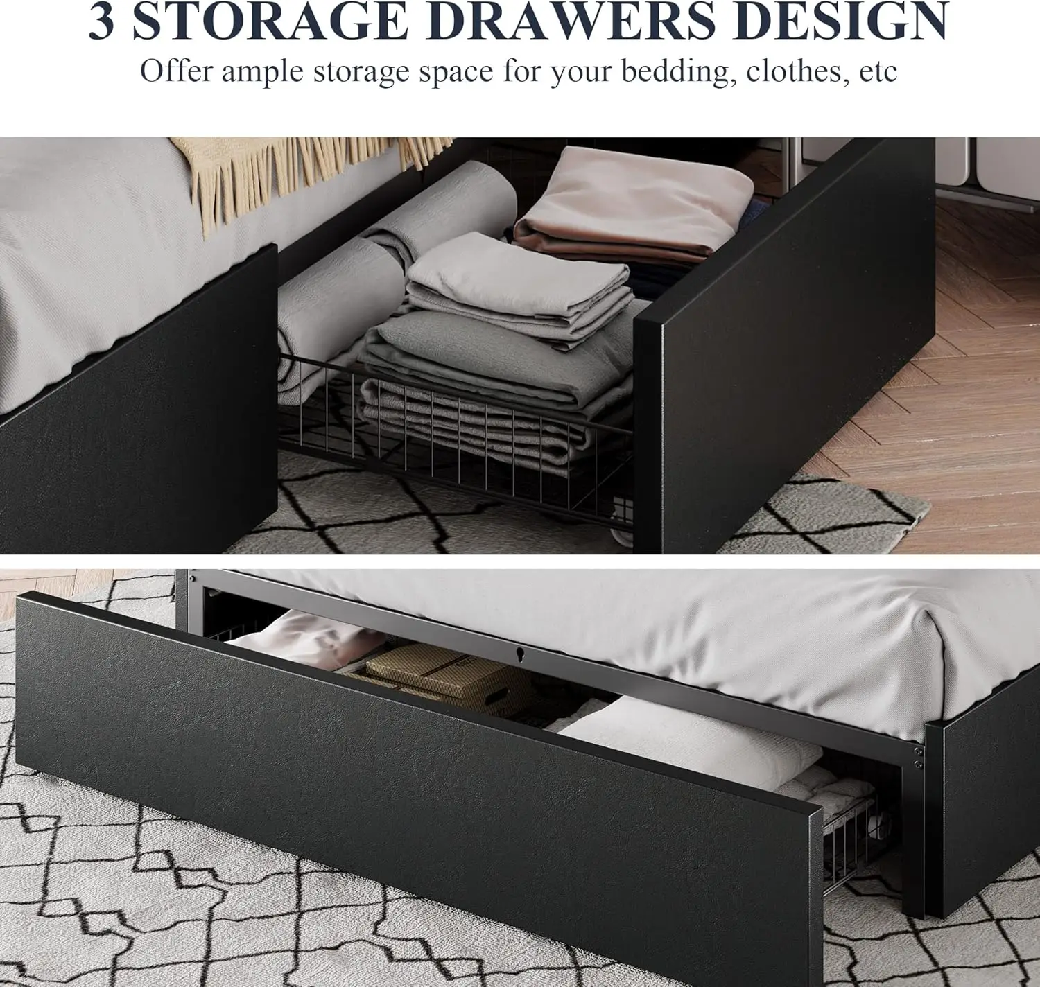 Full Size Platform Bed Frame with 3 Storage Drawers, Faux Leather Upholstered, Wooden Slats Support, No Box Spring Needed 5