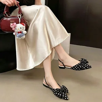 Sandali da donna con fiocco a pois e quadri, con cinturino posteriore, a punta, con tacco sottile, stile vintage, per tutti i giorni