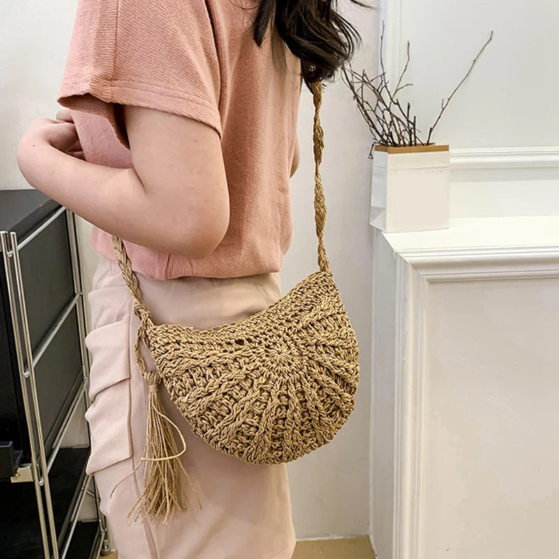 Summer Semicircle Straw Crossbody Bag for Women with Tassel Decorations Hollow Woven Shoulder Messenger Casual Beach Bag