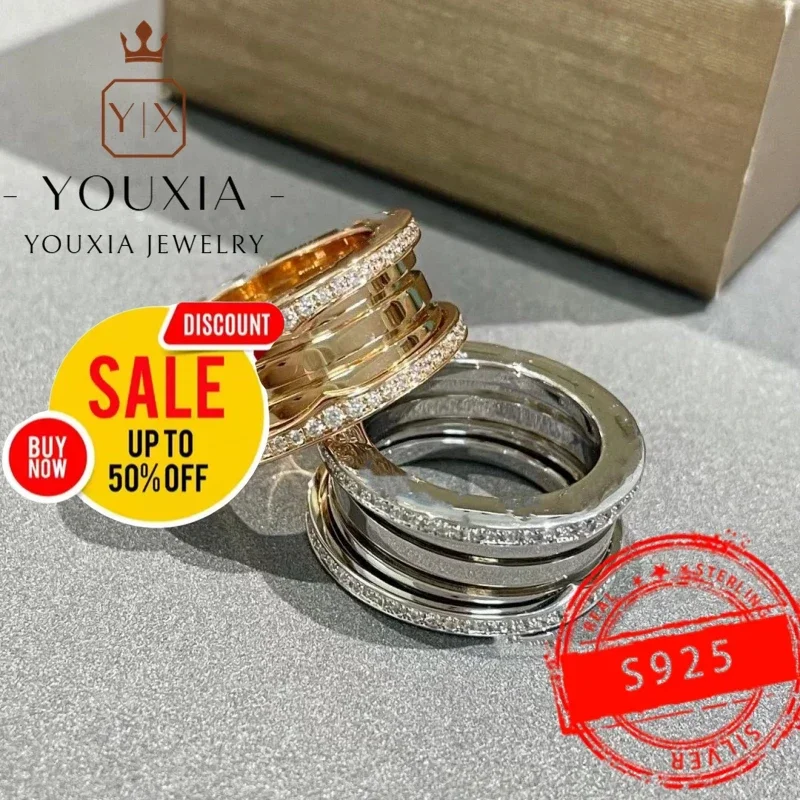 

European and American popular spring diamond S925 silver ring on both sides couple holiday gift classic personalized love party