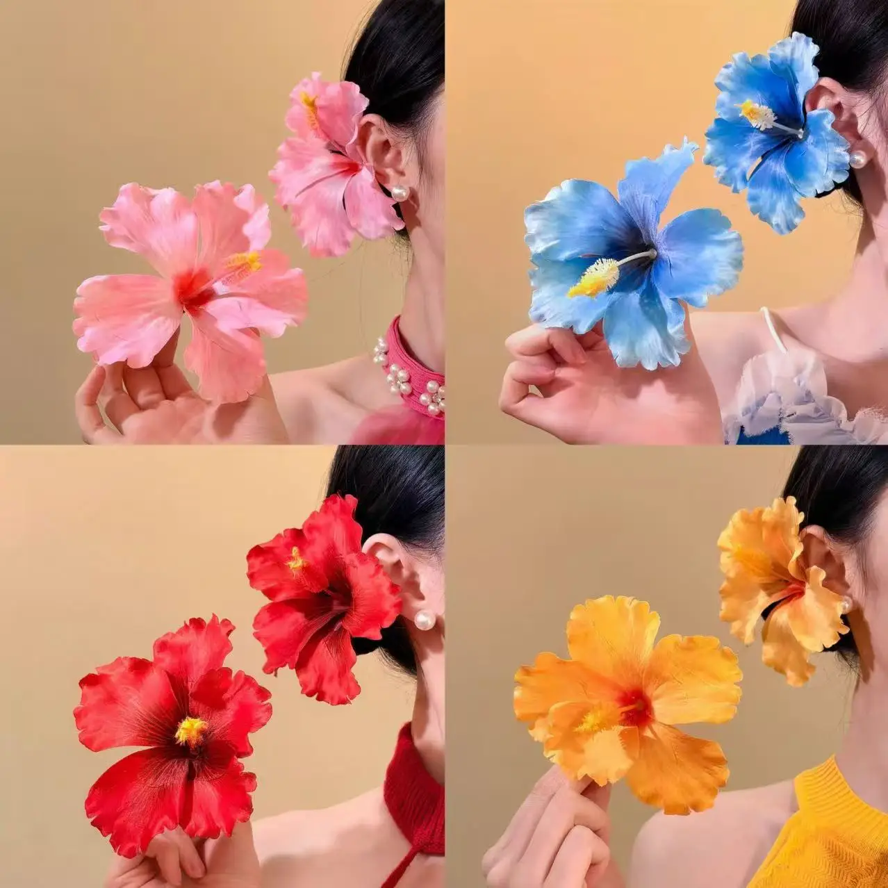 YHJ Hawaiian Style 2pc Hibiscus Flower Simulation Fabric Flower Hair Clips Hairpin Beach Vacation Duckbill Clip Hair Accessories