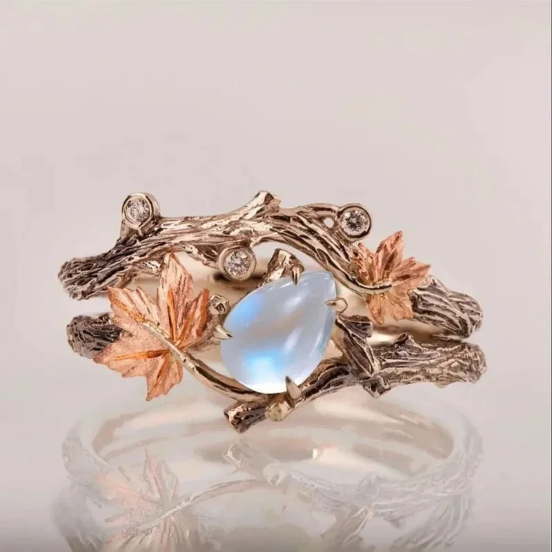 Creativity Maple Leaf Water Drop Opal Stone Rings for Women New Charm Luxury Finder Aesthetic Jewelry Wedding Anniversary Gift 5
