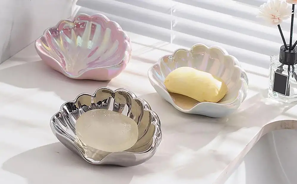 Description Picture 4 of itemCeramic Soap Holder Tray Self Draining Non-Slip Design Sea-Shell Cheese Shaple Multipurpose Storage Tray Bathroom Accessories