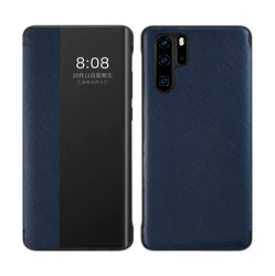 Luxury Genuine Leather Flip Cover with Window View - Shockproof and Heavy Duty Design for Huawei P30 Pro (Blue)