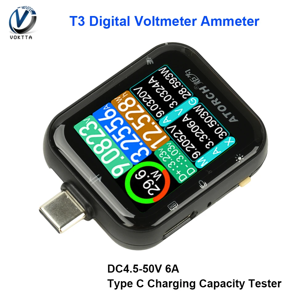 T3 디지털 전압계 전류계 DC4.5-50V 6A 유형 C 충전 용량 테스터 터치스..