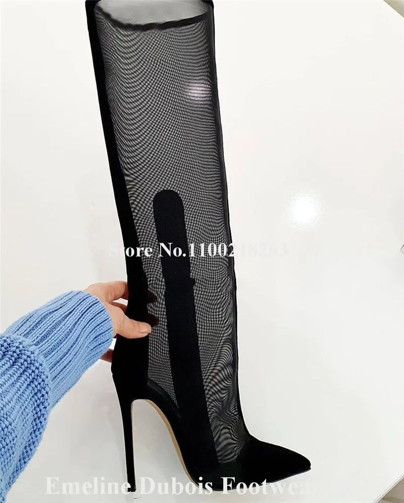 Black Mesh Patchwotk Knee High Boots Emeline Dubois Sexy Pointed Toe Stiletto Heel Long Lace Boots Big Size Dress Heels