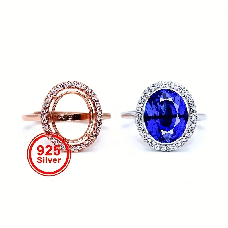 

12 Sizes Classic Minimalist Oval Ring Setting Inlaid Rhinestones, S925 Sterling Silver Material, For DIY Natural Gemstone Rings