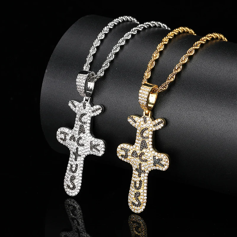 

Hip Hop 3A+ CZ Stone Paved Bling Iced Out Cactus Jack Cross Pendants Necklace for Men Rapper Jewelry Gold Silver Color