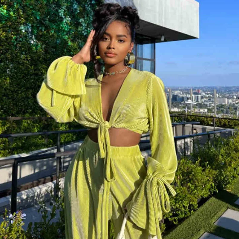 

Женский костюм из двух предметов в уличном стиле, осенняя одежда, рубашка на шнуровке, топ и прямые широкие брюки, подходящие комплекты, свободная повседневная одежда