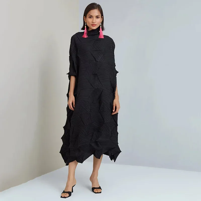 2024 Miyake Wrinkle Original Design Handmade Diamond Wrinkle Fashion Elegant Loose Mid Length Party Dress Spring Best Seller - Image 3