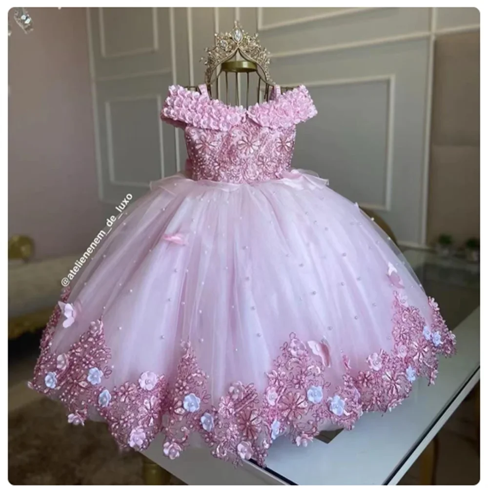 Baptism Tulle Pearls Flower Girl Dress Lovely For Wedding Beading Applique Off Shoulder Child First Eucharistic Birthday Party