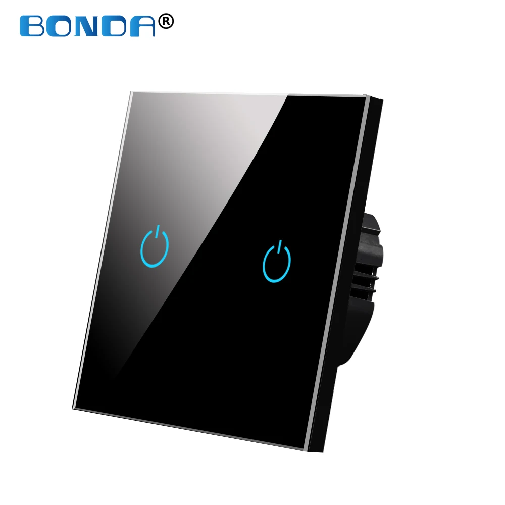 BONDA Wall Touch Switch 220V EU Standard Tempered Crystal Glass Panel Power 1/2/3 Gang 1 Way Light Sensor Switches Waterproof light switch night light Wall Switches