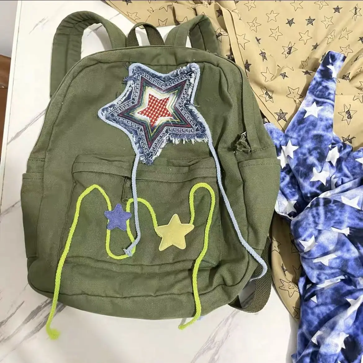 

Girls Y2k Star Backpack Green Korean Fashion School Bag Casual Design Letter Schoolbag Women Harajuku Travel Bag Preppy Style