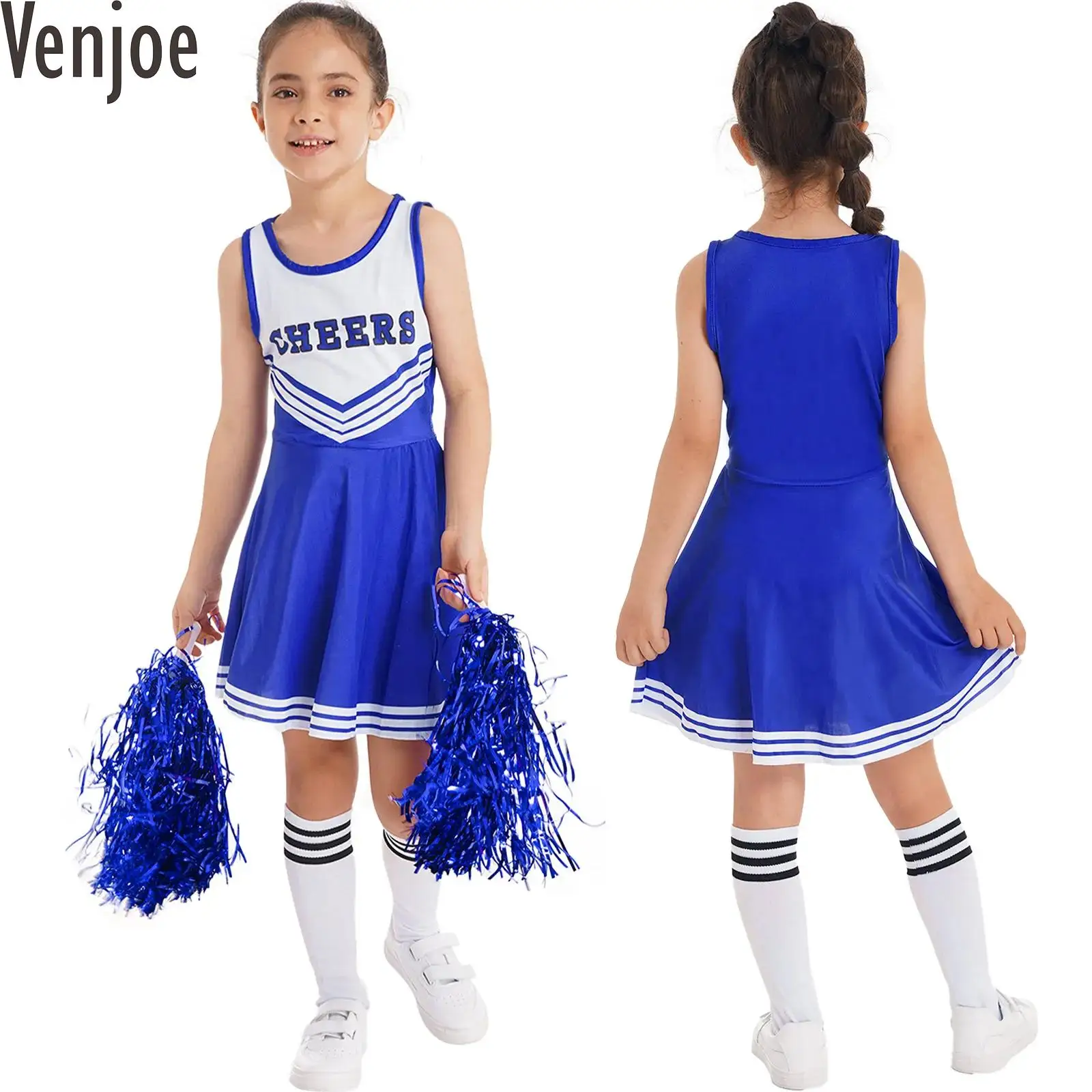 

Kids Girls Cheerleading Clothes Set Sleeveless School Musical Costume Cheer Dance Dress Cheer Leader Flower Socks Dancewear