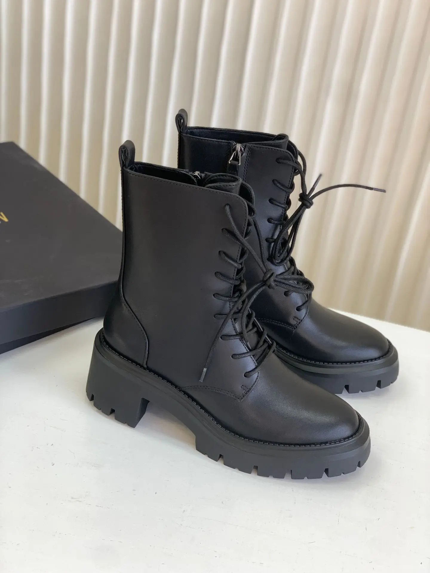 Dave&Di Vintage Genuine Leather Thick Heel Bandage Ankle Boots Women Cowhide Side Women Zipper Motorcycle WInter Boots