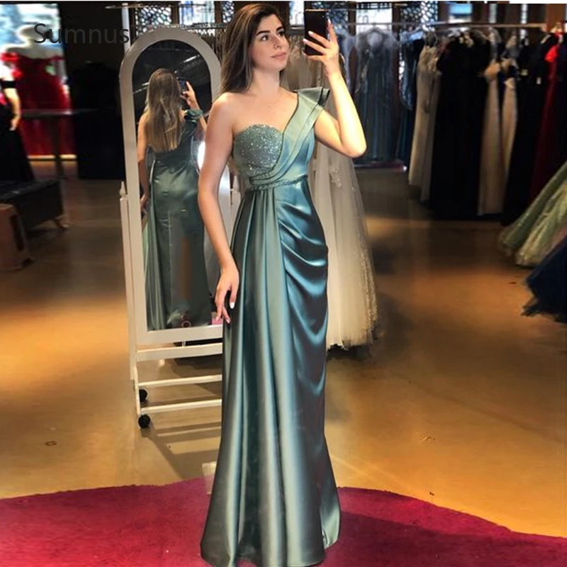 

Sumnus One Shoulder Green Robe De Soiree Beach Prom Dresses 2022 Ruched V-Neck Stain Long Evening Dress Abiti Da Cerimonia Donna