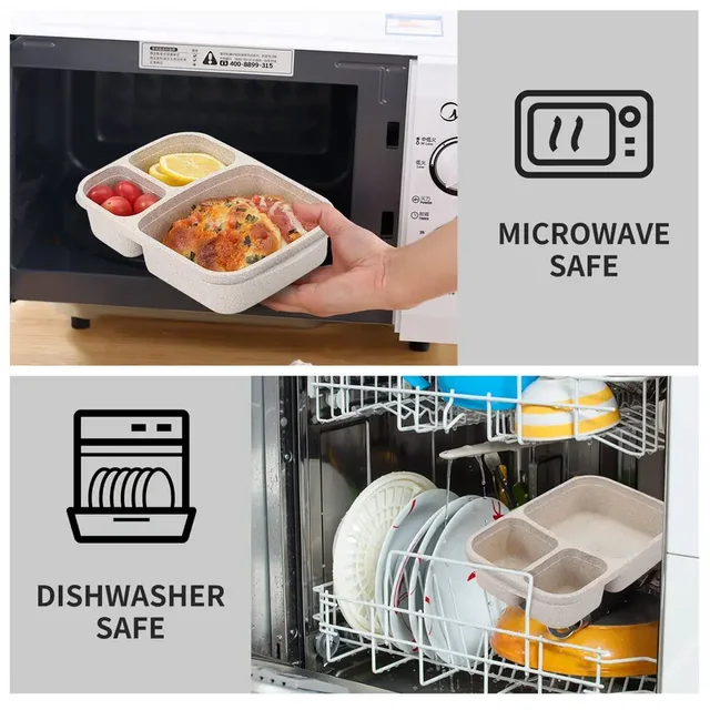 Boîte à déjeuner Bento à 3 compartiments, paille de blé, préparation des repas, conteneurs de stockage des aliments en plastique, 1 paquet 5