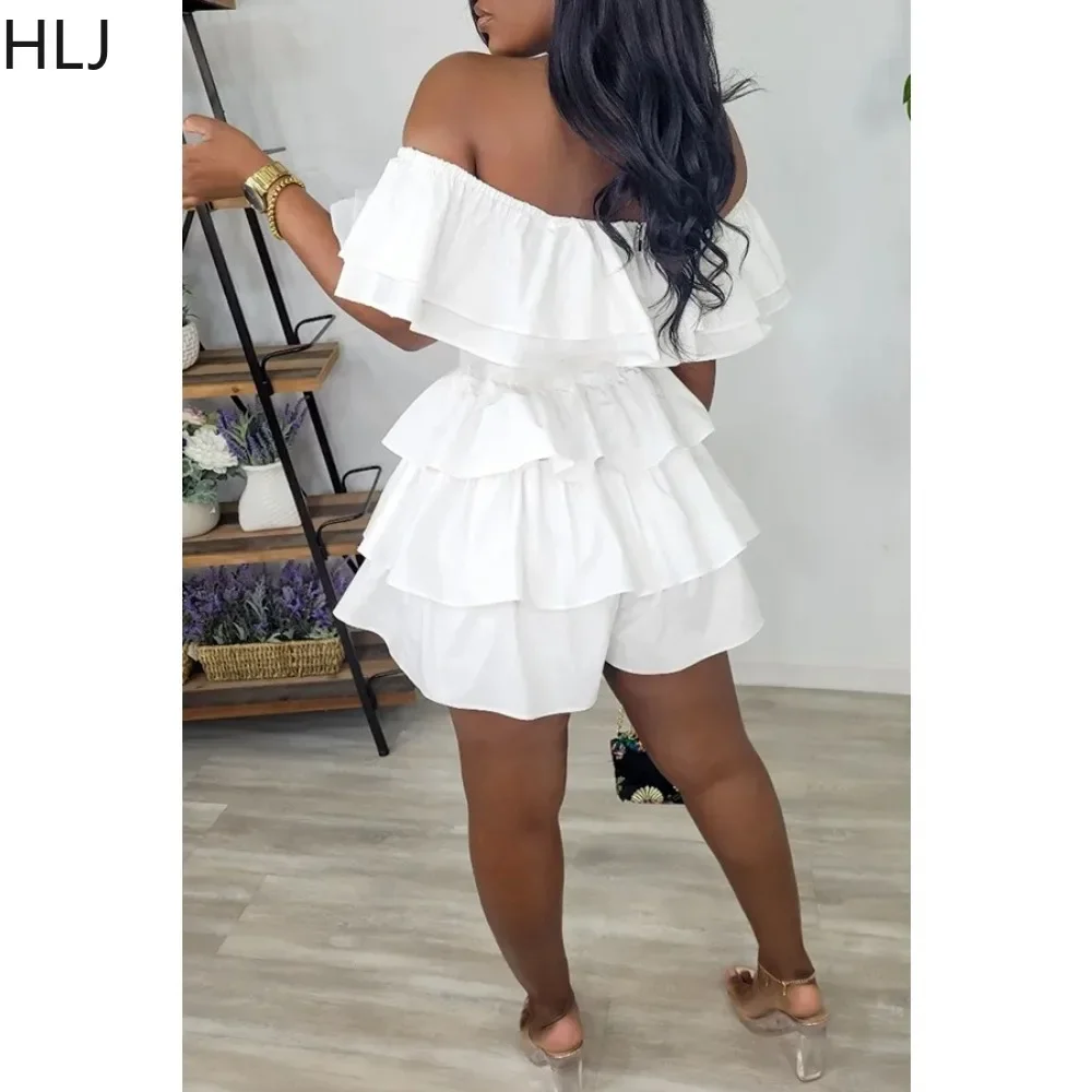 HLJ Fashion Off Shoulder Ruffle Ruched Design Rompers Women Short Sleeve Slim Jumpsuit Casual Female Solid Color Pleated Overall