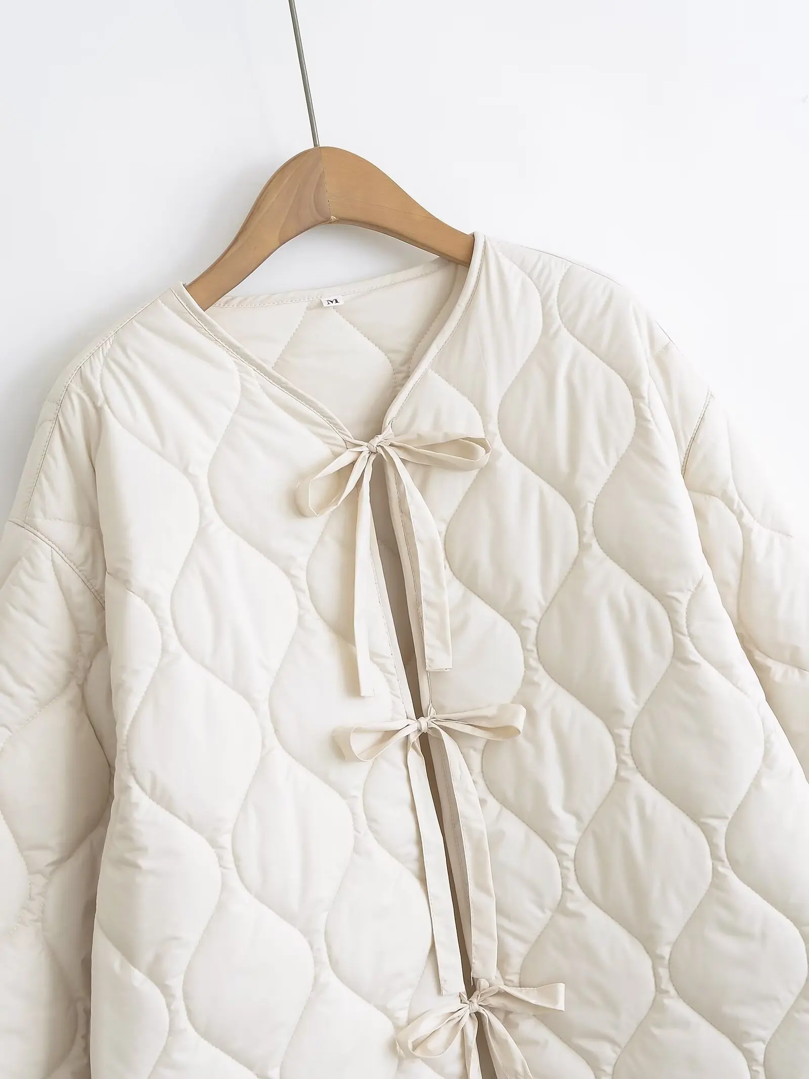 HH Women Bow Lace Up Coat O Neck Long Sleeve Quilted Cropped Jacket 2024 Autumn New Fashion Female Solid Casual Outerwear