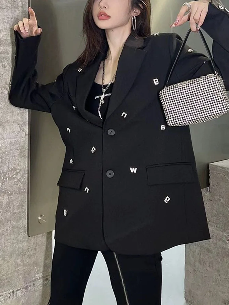 UCXQ Temperament Notched Collar Diamond Letter Spliced Blazer Jacket For Women Casual Loose Suits Coats 2024 Autumn New 23A4591