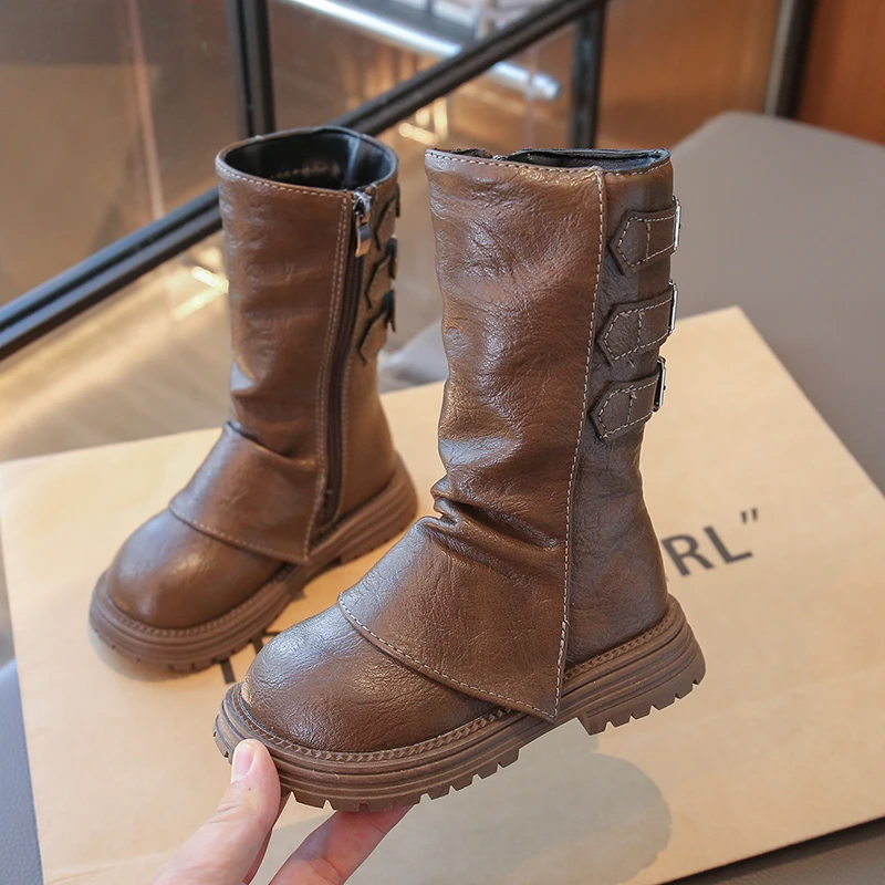 Girls Mid-calf Boots Fashion Children Long Boots Simple Thick Bottom Classic Kids Catwalk Leather Boots 2025 Winter New