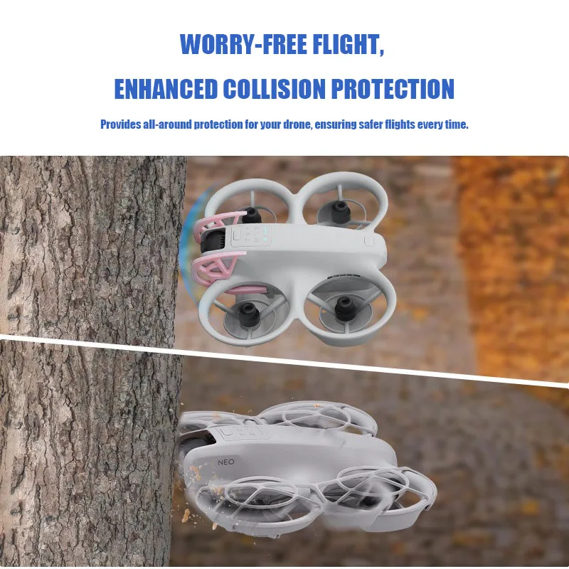 Barre de protection anti-collision orange installée sur le DJI NEO, protégeant la nacelle et la caméra.