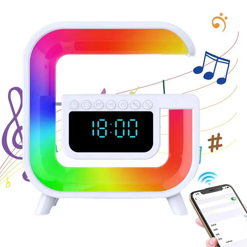 

Light Up Wireless Speaker Ambient Lighting Wireless Speaker Atmosphere Lamp With Alarm Clock LED Lights Wireless Charger Table