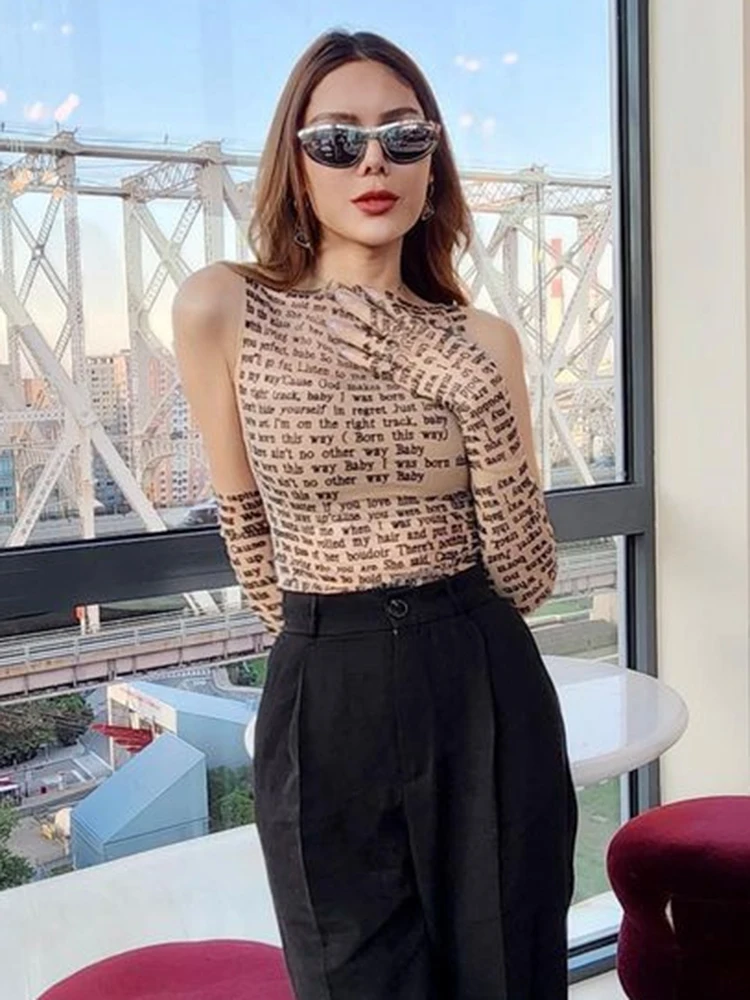 Mesh Letter Printted T-shirt Women O-Neck See Through Sexy Tank Tops With Golve High Street Basic Slim Y2K Top Tee Shirts
