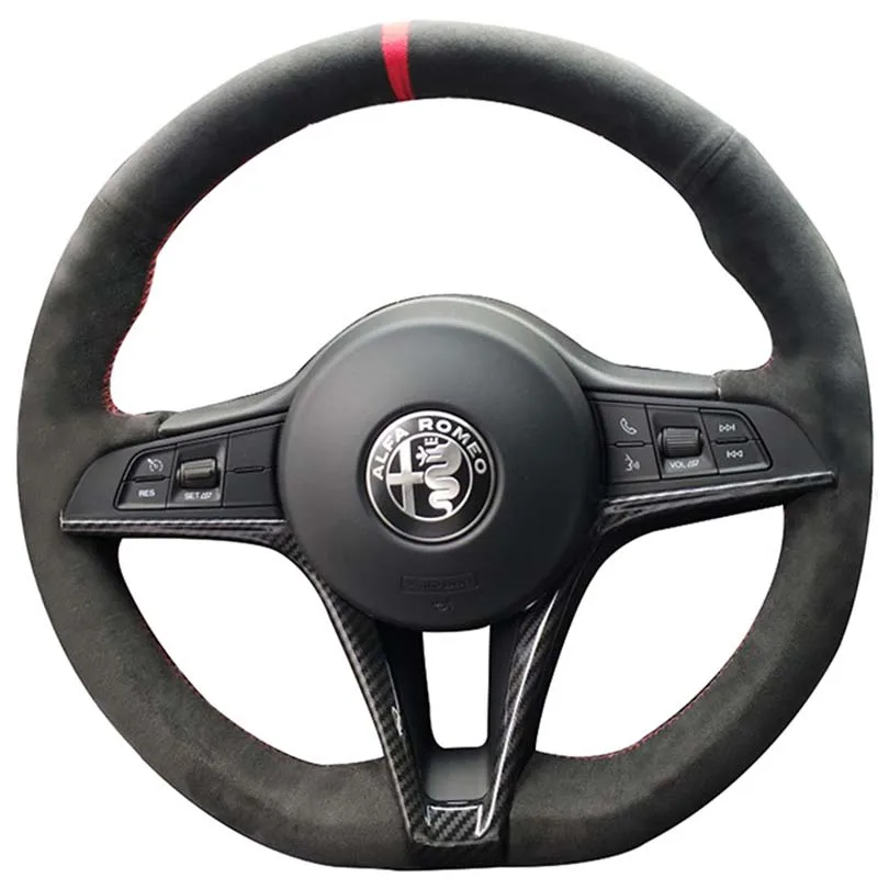 

For Alfa Romeo Giulia Stelvio Custom Hand-stitch High-quality Black Suede Car Steering Wheel Cover