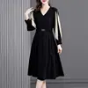 Office Lady Solid Color Patchwork Midi Dress Elegant V-Neck All-match Spring Autumn Sashes A-Line Waist Women's Pleated Dresses 1